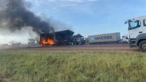 Fuel Tanker AAnd Lorry Destroyed In Fiery Accident Near Mtito Andei On Nairobi-Mombasa Highway