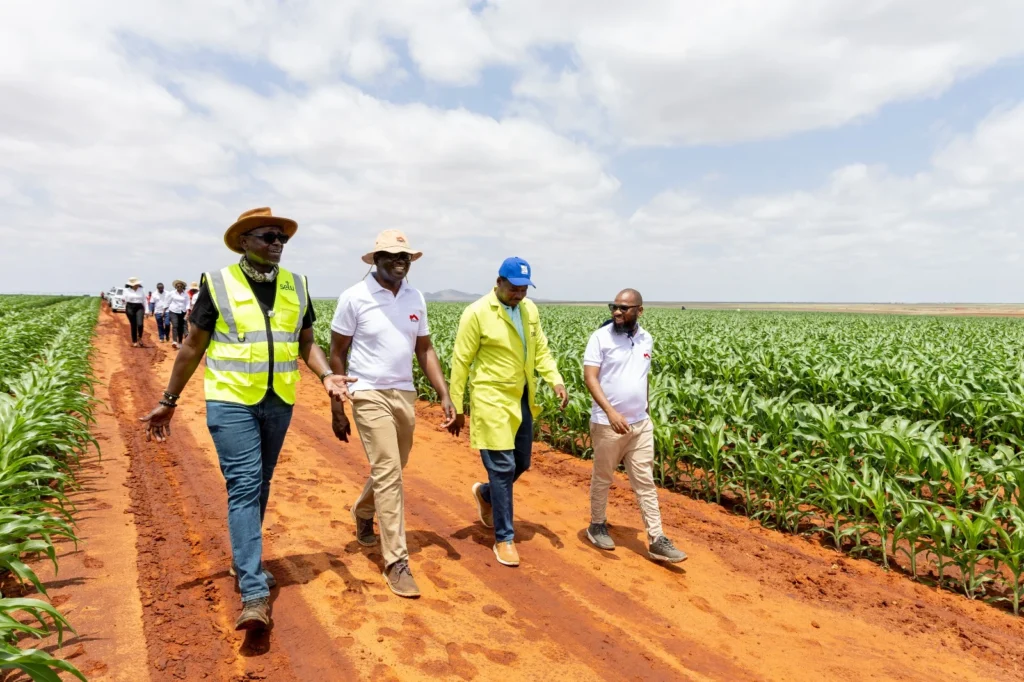 (L-R) Selu Group Founder & Chairman Peter Njonjo, Equity Bank Kenya MD Moses Nyabanda, Selu Limited CEO Nicholas Ambanya and Equity Bank Kenya Commercial Director Kagiso Moloi during a visit to the farm located across the border of Kilifi County and Tana River County.