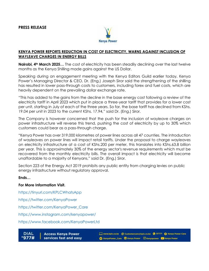 Kenya Power Reports Decline In Electricity Costs, Cautions Of Possible ...
