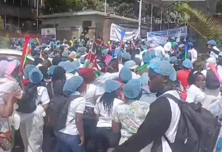 UHC Health Workers Protest Outside Afya House Over Job Terms, Demand CS Duale’s Action