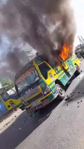 Riders burn matatu after it fatally ran over a rider along Juja Road, Nairobi