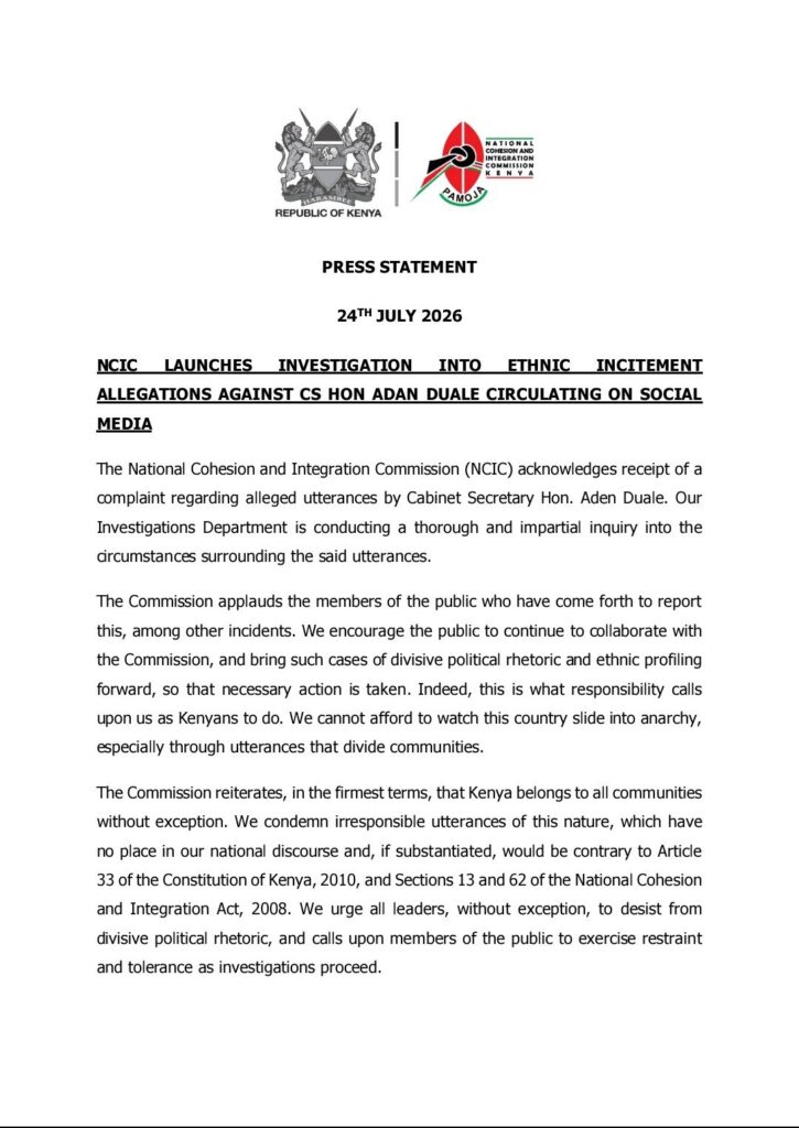NCIC launches probe into alleged ethnic incitement by Duale